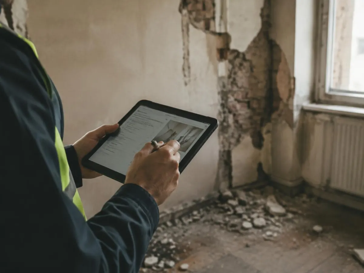 Expert prenant des notes sur une tablette lors d'un constat dans une pièce abîmée