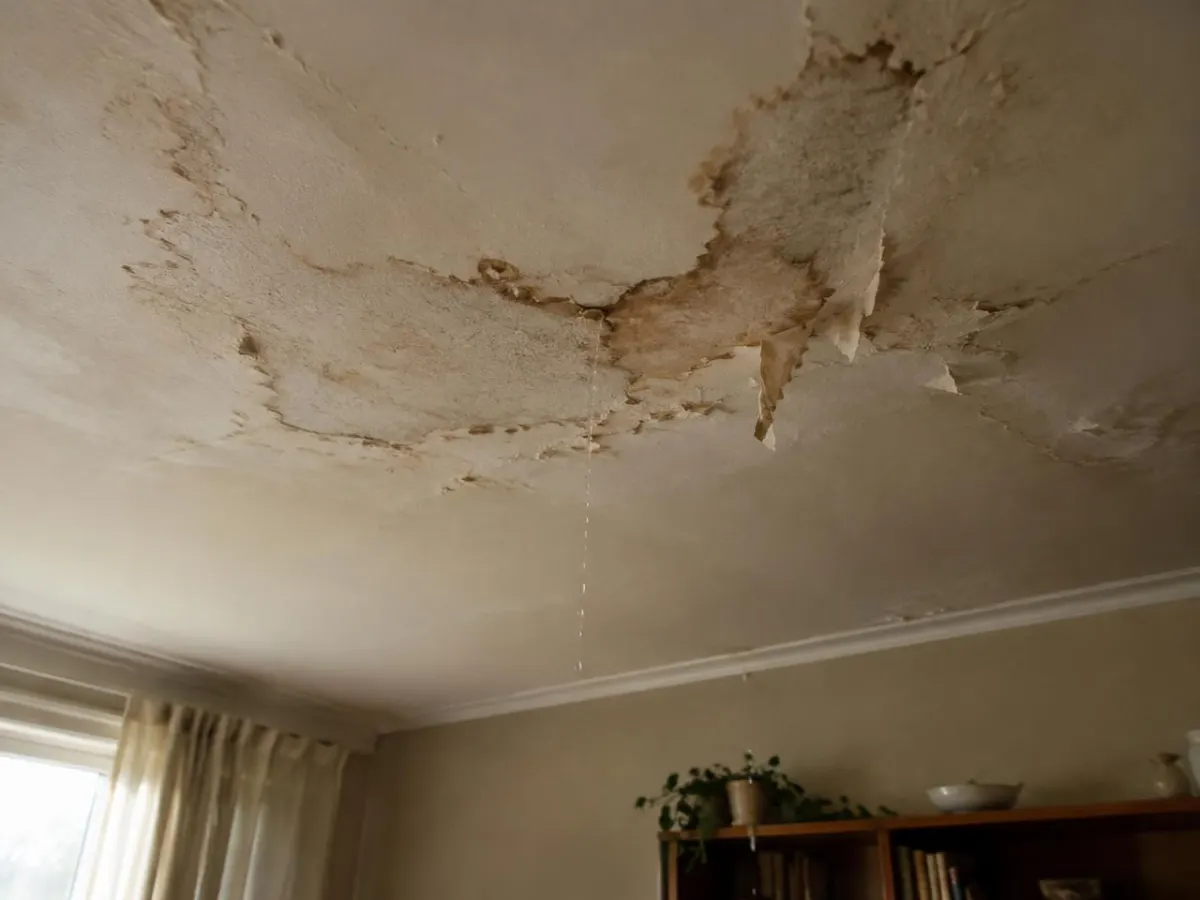 Plafond de salon taché et décollé par un dégât des eaux