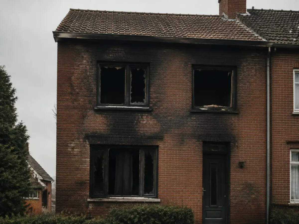 Façade de maison en briques noircie par la suie après un incendie