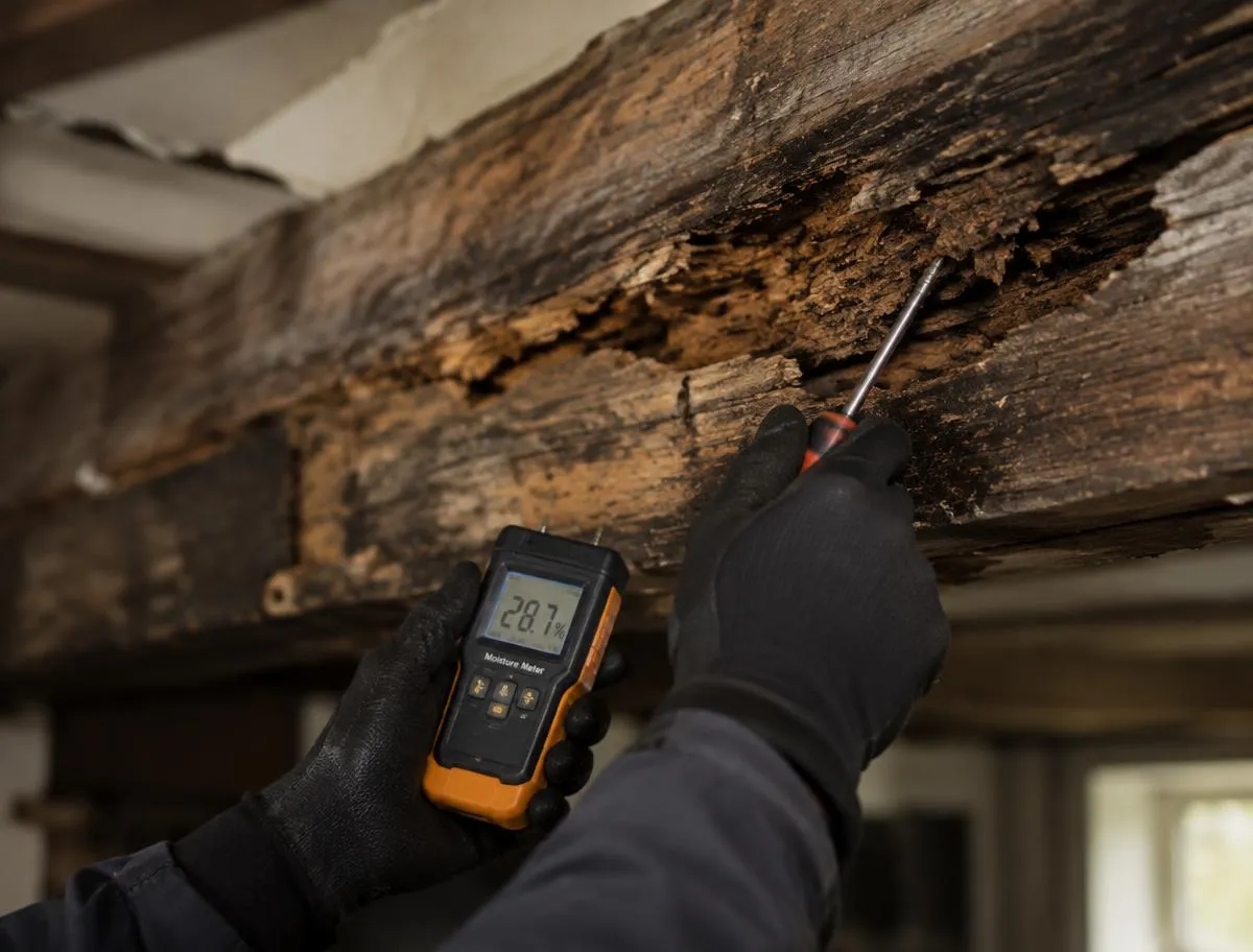 Expert qui contrôle l'humidité d'un bois touché par la mérule