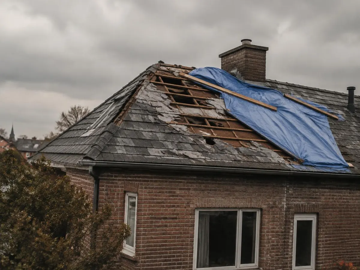 Toiture en ardoises endommagée par une tempête et bâchée